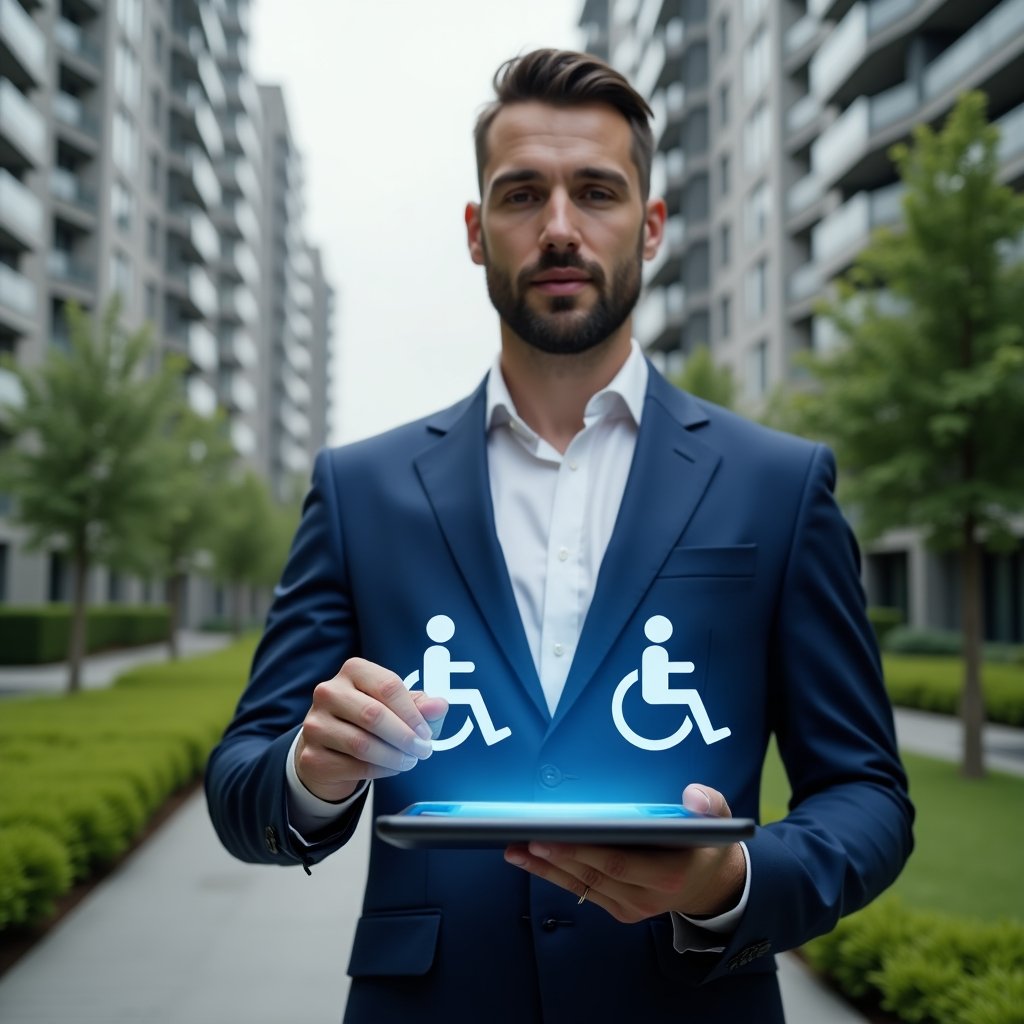 Ultra-realistic property manager in a navy blue suit, set in a modern luxury condominium environment with high-rise buildings and lush green landscaping, confidently holding a digital tablet projecting holographic accessibility icons (wheelchair symbol, ramp overlay), cinematic lighting, shallow depth of field, highly detailed textures, realistic skin, photographic realism, 8k resolution --ar 1:1 --v 6