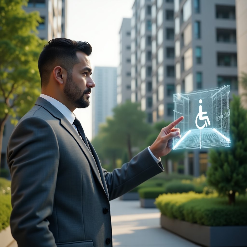 (Ultra-realistic condominium manager in a tailored gray suit, set in a modern luxury condominium environment with high-rise buildings and lush green landscaping, pointing at a holographic universal accessibility icon and digital floor plan of an accessible ramp, conveying an inspiring and inclusive atmosphere, cinematic lighting, shallow depth of field, highly detailed textures, realistic skin, photographic realism, 8k resolution --ar 1:1 --v 6)