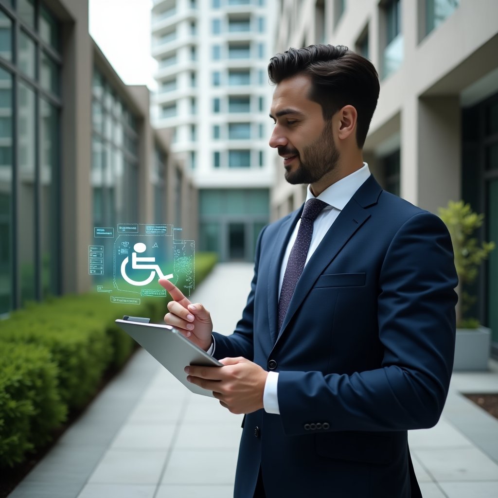 (Ultra-realistic condominium manager in a tailored navy executive suit, set in a modern luxury condominium environment with high-rise buildings and manicured green landscaping, holding a digital tablet projecting a holographic interface of an accessibility management app, pointing confidently toward a sleek wheelchair ramp with overlaid braille and tactile signage icons, cinematic lighting, shallow depth of field, highly detailed textures, realistic skin, photographic realism, 8k resolution --ar 1:1 --v 6)