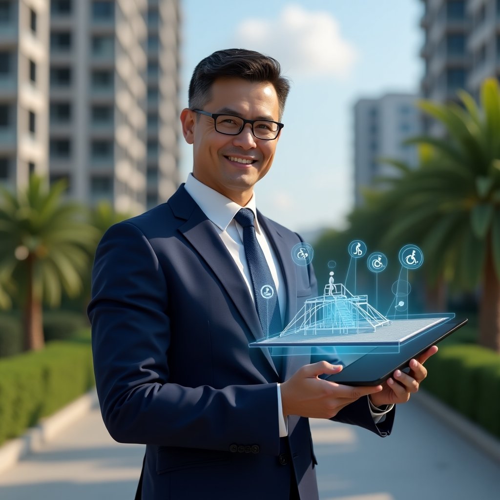 (Ultra-realistic condominium manager in a navy blue suit, set in a modern luxury condominium environment with high-rise buildings and lush green landscaping, confidently holding a tablet displaying a holographic ramp model and tactile signage icons to illustrate accessible pathways, inspiring and inclusive atmosphere, cinematic lighting, shallow depth of field, highly detailed textures, realistic skin, photographic realism, 8k resolution --ar 1:1 --v 6)