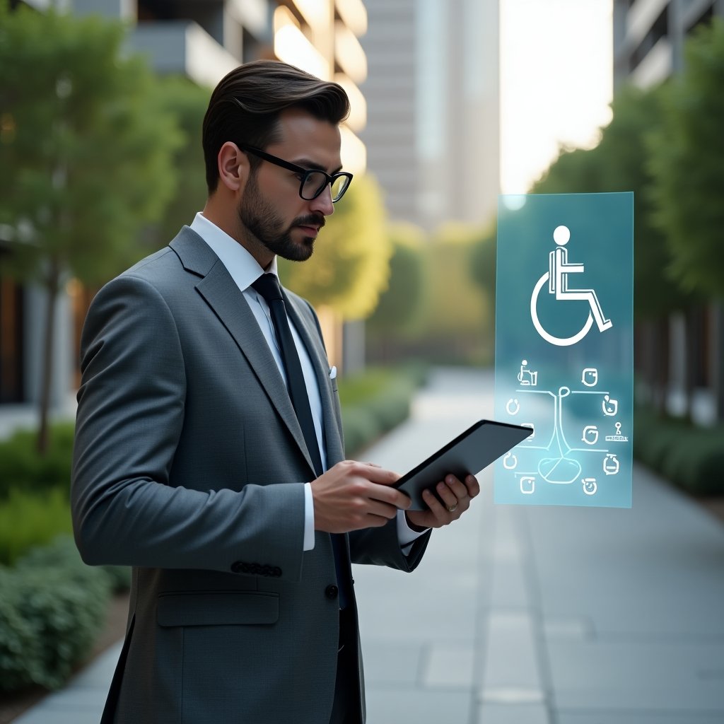 (Ultra-realistic condominium manager in a tailored grey business suit, set in a modern luxury condominium environment with high-rise buildings and meticulously maintained green landscaping, inspecting an accessibility ramp while holding a tablet projecting a holographic floor plan with wheelchair and tactile path icons, thoughtful and confident expression, cinematic lighting, shallow depth of field, highly detailed textures, realistic skin, photographic realism, 8k resolution --ar 1:1 --v 6)