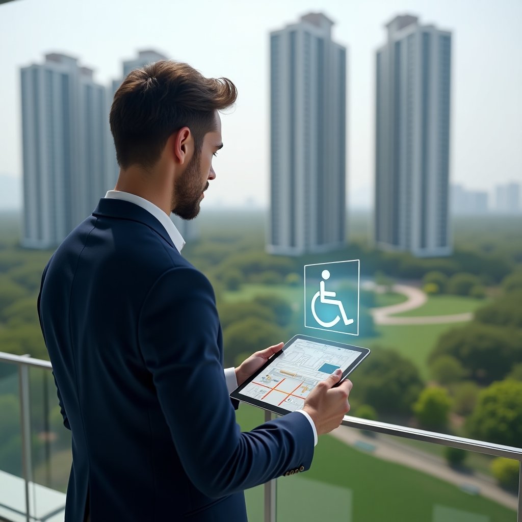 Ultra-realistic condominium manager in a tailored navy blue suit, standing on a balcony overlooking high-rise luxury condominium towers and manicured green gardens, reviewing a tablet showing a digital floor plan with highlighted ramps and tactile paving, accompanied by a holographic wheelchair accessibility icon floating nearby, confident and thoughtful expression, cinematic lighting, shallow depth of field, highly detailed textures, realistic skin, photographic realism, 8k resolution --ar 1:1 --v 6