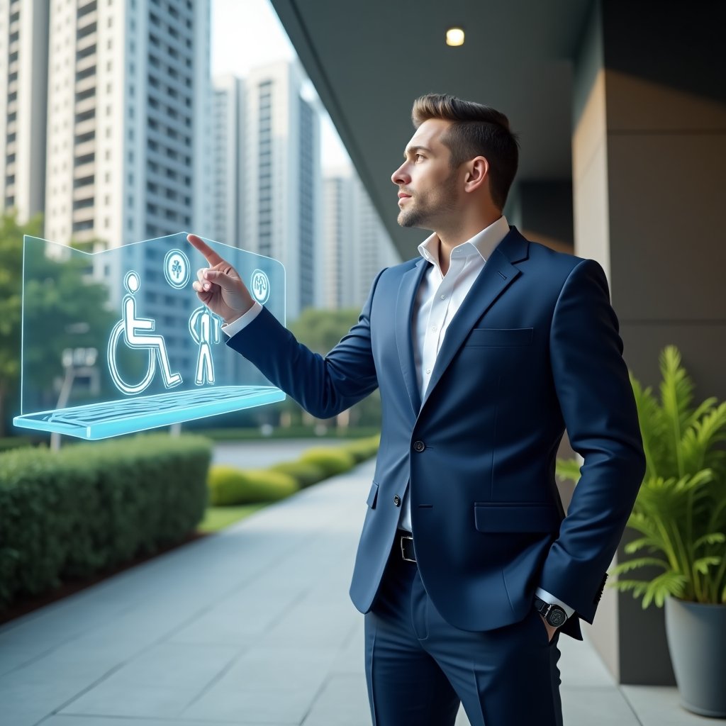 (Ultra-realistic condominium manager in a navy blue executive suit, set in a modern luxury condominium environment with high-rise buildings and lush green landscaping, standing confidently and pointing at a holographic accessibility ramp projection with wheelchair and braille icons, cinematic lighting, shallow depth of field, highly detailed textures, realistic skin, photographic realism, 8k resolution --ar 1:1 --v 6)
