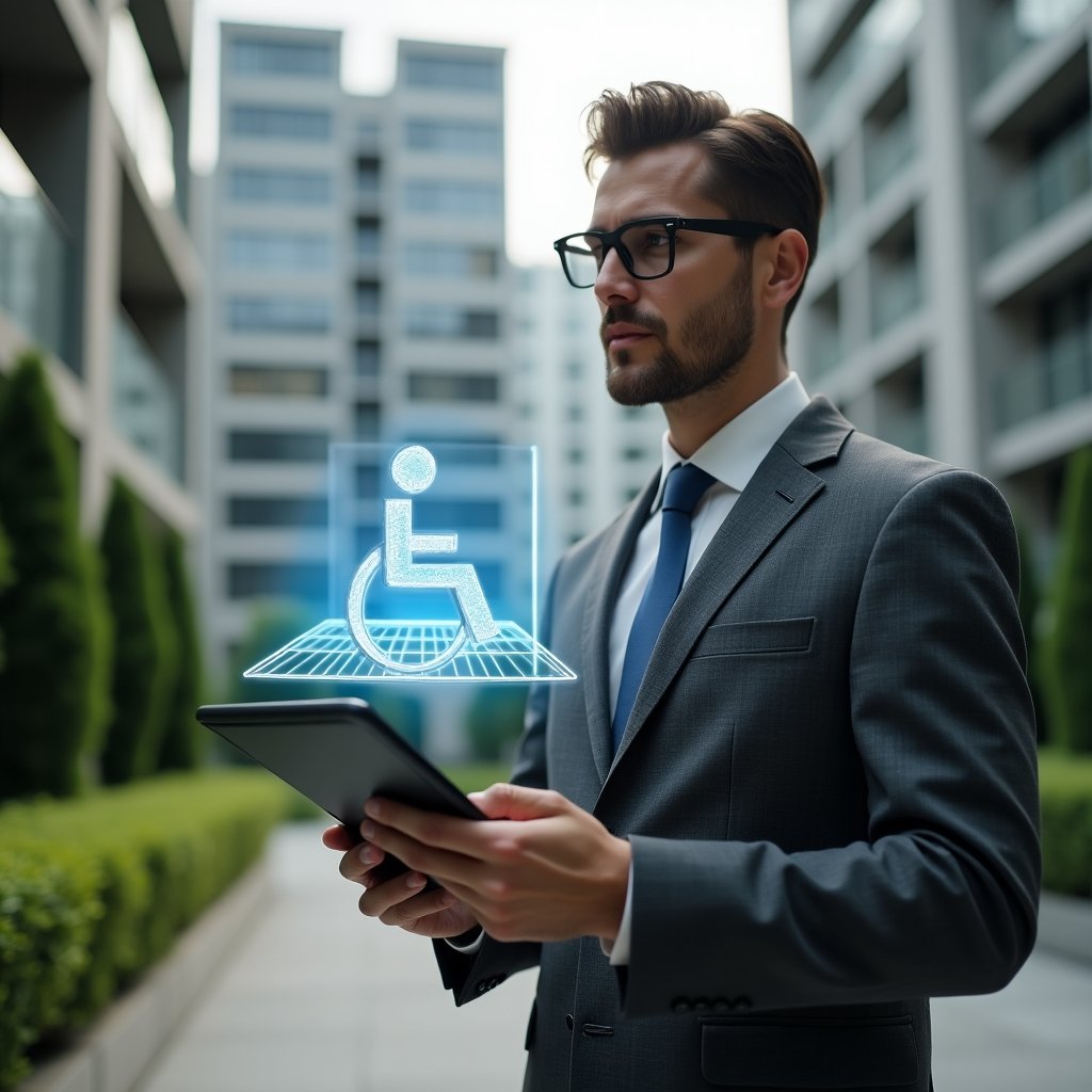 Ultra-realistic condominium manager in a charcoal gray tailored suit, set in a modern luxury condominium environment with high-rise buildings and manicured green landscaping, medium shot of the manager holding a tablet projecting a holographic ramp blueprint and a floating wheelchair accessibility icon, confident and thoughtful expression, cinematic lighting, shallow depth of field, highly detailed textures, realistic skin, photographic realism, 8k resolution --ar 1:1 --v 6