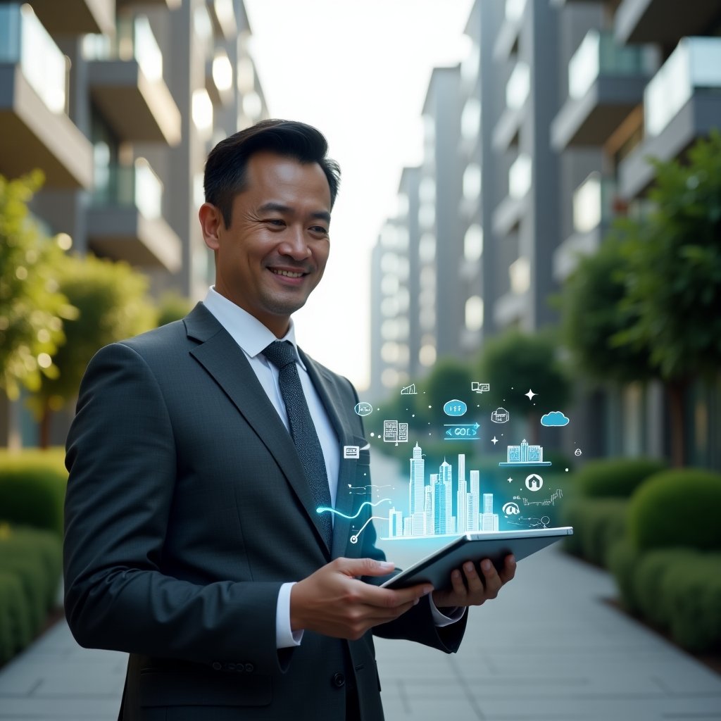 Ultra-realistic condominium manager in a charcoal gray suit, set in a modern luxury condominium environment with high-rise buildings and meticulously manicured green landscaping, mid-shot holding a digital tablet displaying floating holographic charts, building icons and a management dashboard, confidently analyzing data with a slight smile, cinematic lighting, shallow depth of field, highly detailed textures, realistic skin, photographic realism, 8k resolution --ar 1:1 --v 6