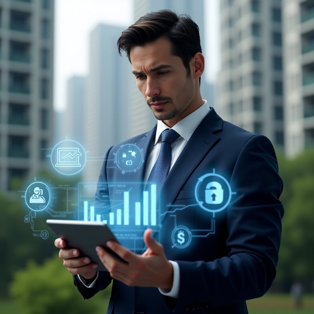 (Ultra-realistic condominium manager in a navy blue suit, set in a modern luxury condominium environment with high-rise buildings and green landscaping, analyzing a digital tablet displaying financial charts, surrounded by holographic icons representing maintenance, communication and security, confident and focused expression, cinematic lighting, shallow depth of field, highly detailed textures, realistic skin, photographic realism, 8k resolution --ar 1:1 --v 6)
