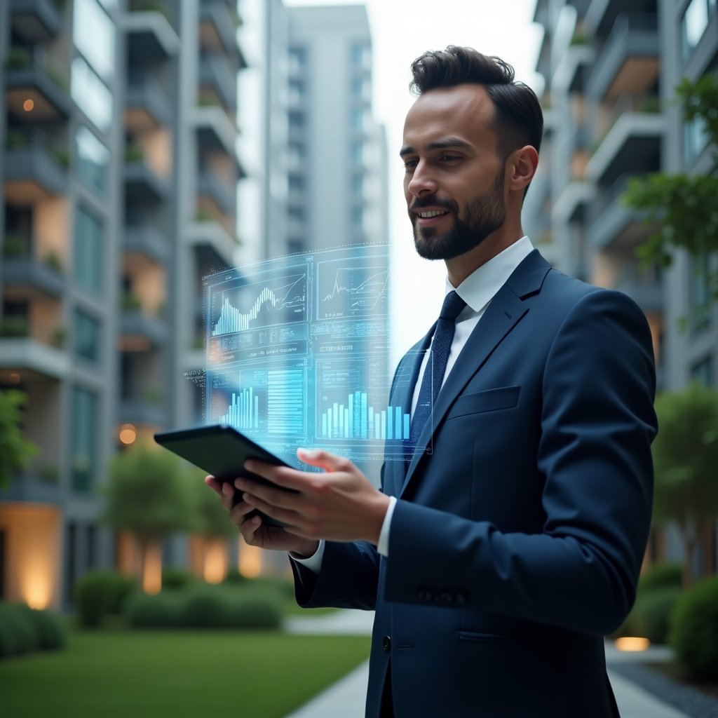 (Ultra-realistic condominium manager in a tailored navy blue suit, set in a modern luxury condominium environment with high-rise buildings and meticulously maintained green landscaping, confidently reviewing a digital tablet with holographic blueprints and financial charts floating beside them, cinematic lighting, shallow depth of field, highly detailed textures, realistic skin, photographic realism, 8k resolution --ar 1:1 --v 6)