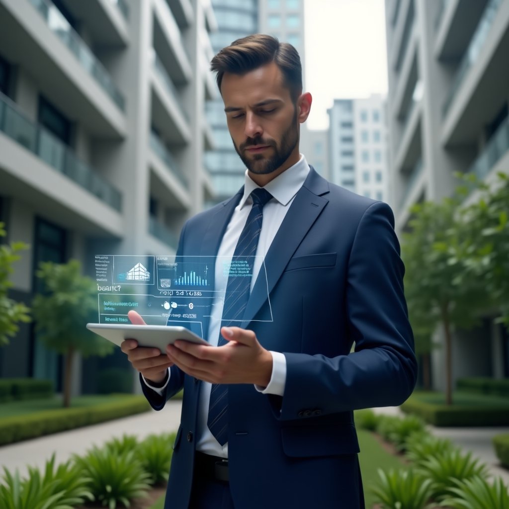 Ultra-realistic condominium manager in a tailored navy blue executive suit, set in a modern luxury condominium environment with high-rise buildings and manicured green landscaping, medium shot with shallow depth of field focused on the manager, holding a transparent tablet projecting a holographic dashboard of finances, maintenance schedules and building icons, confident and thoughtful expression, cinematic lighting, highly detailed textures, realistic skin, photographic realism, 8k resolution --ar 1:1 --v 6