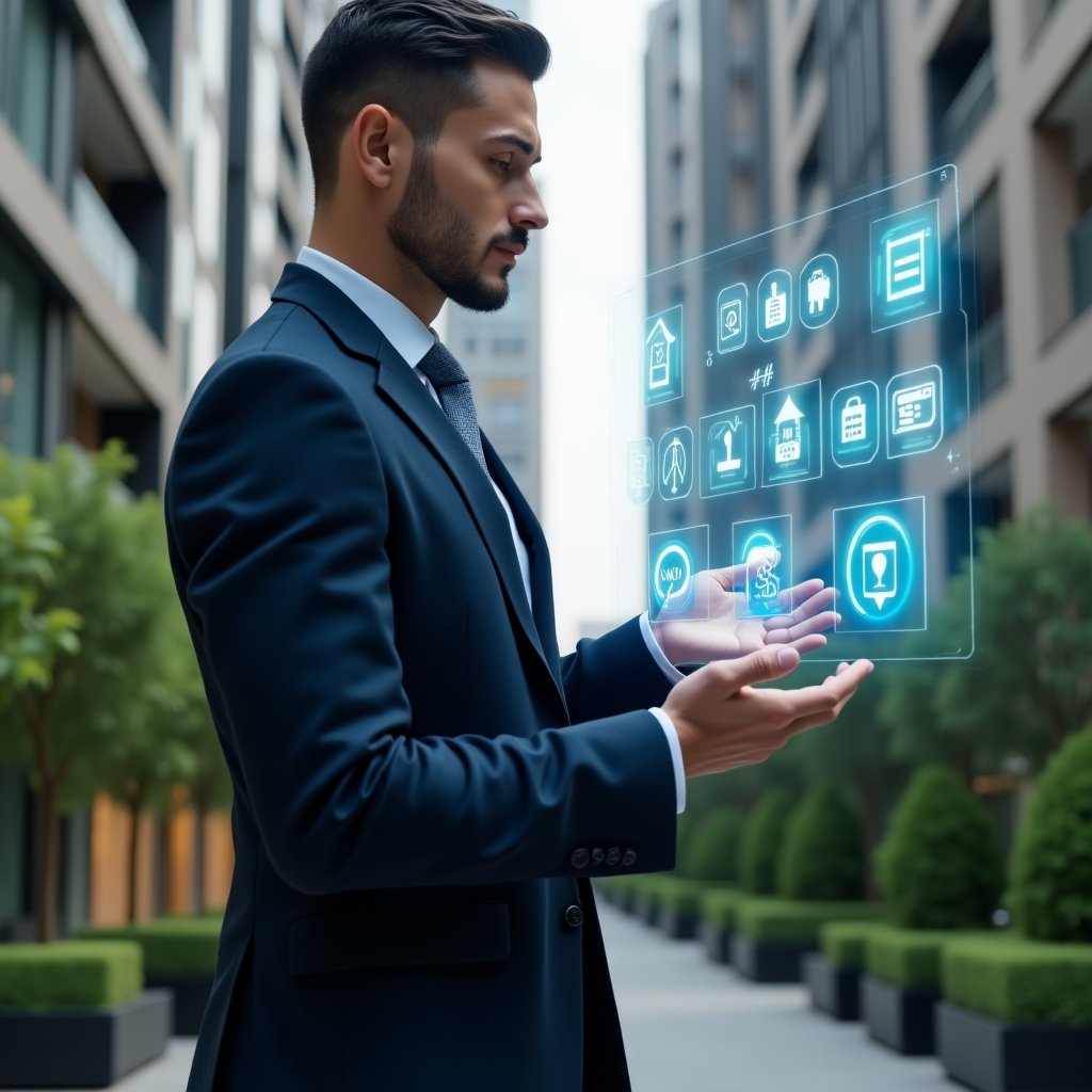 (Ultra-realistic condominium manager in a sleek navy business suit, set in a modern luxury condominium environment with high-rise buildings and lush green landscaping, confidently interacting with a floating holographic dashboard displaying app icons for communication, reservations, and finance, cinematic lighting, shallow depth of field, highly detailed textures, realistic skin, photographic realism, 8k resolution --ar 1:1 --v 6)