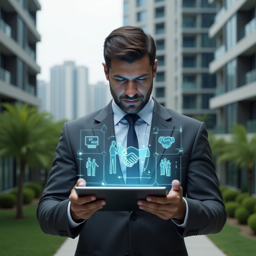 (Ultra-realistic property manager in a charcoal gray business suit, set in a modern luxury condominium environment with high-rise buildings and meticulously landscaped greenery, mid-shot of a thoughtful professional analyzing a digital tablet projecting holographic pros and cons charts comparing outsourcing versus in-house management, holographic icons of a handshake and team silhouettes floating around, cinematic lighting, shallow depth of field, highly detailed textures, realistic skin, photographic realism, 8k resolution --ar 1:1 --v 6)