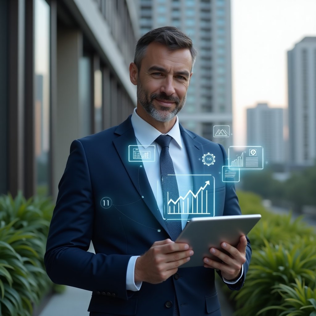 (Ultra-realistic building manager in a navy blue tailored suit, medium shot, set in a modern luxury condominium environment with high-rise buildings and lush green landscaping, holding a sleek tablet displaying a holographic condominium management app interface, surrounded by floating icons of graphs and checklists symbolizing efficiency and cost savings, confident expression, cinematic lighting, shallow depth of field, highly detailed textures, realistic skin, photographic realism, 8k resolution --ar 1:1 --v 6)