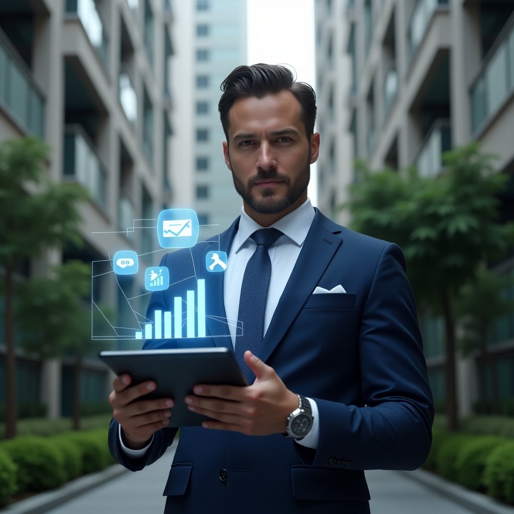 (Ultra-realistic condominium manager in a tailored navy blue suit, set in a modern luxury condominium environment with high-rise buildings and meticulously landscaped greenery, mid-shot of a confident manager holding a digital tablet with glowing holographic icons of a financial chart, chat bubbles, and a wrench symbolizing organization, communication, and maintenance, cinematic lighting, shallow depth of field, highly detailed textures, realistic skin, photographic realism, 8k resolution --ar 1:1 --v 6)