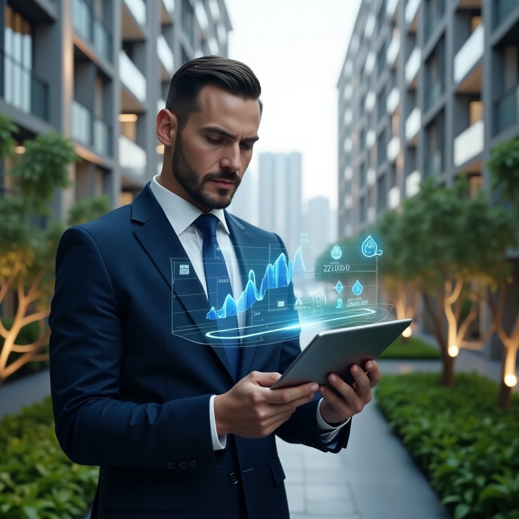 (Ultra-realistic property manager in a tailored navy blue suit, set in a modern luxury condominium environment with high-rise buildings and lush green landscaping, medium shot of a confident professional holding a tablet that projects holographic resource optimization charts and icons of water droplets, energy bolts and security shields, cinematic lighting, shallow depth of field, highly detailed textures, realistic skin, photographic realism, 8k resolution --ar 1:1 --v 6)