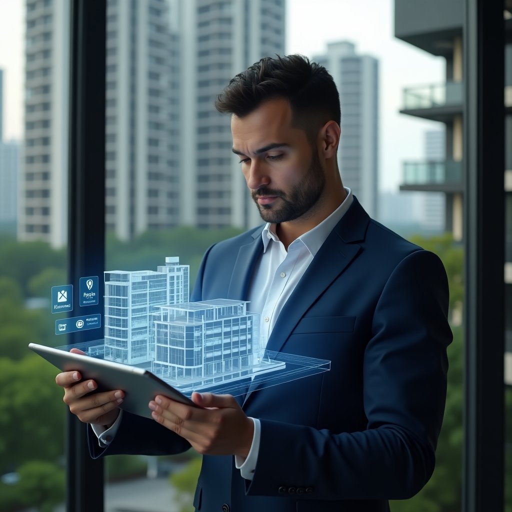 (Ultra-realistic condominium manager in a navy blue suit, set in a modern luxury condominium environment with high-rise buildings and green landscaping, confidently analyzing a tablet displaying a holographic 3D building model with maintenance, communication, and financial icons, cinematic lighting, shallow depth of field, highly detailed textures, realistic skin, photographic realism, 8k resolution --ar 1:1 --v 6)