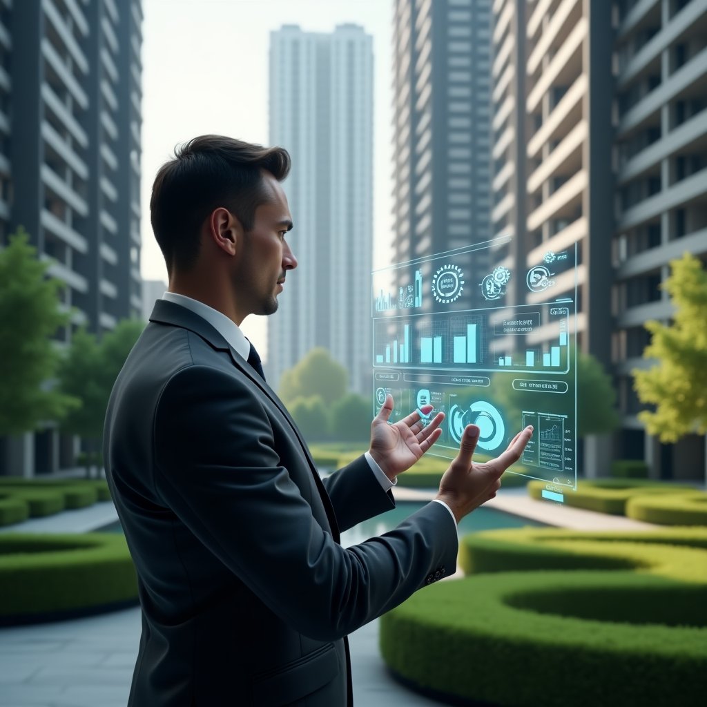 (Ultra-realistic condominium manager in a charcoal gray suit, set in a modern luxury condominium environment with high-rise buildings and manicured green landscaping, medium shot of the manager reviewing a holographic dashboard with financial graphs and maintenance icons floating in front of them, symbols of gears and resource charts symbolizing efficient property management, confident and focused expression, cinematic lighting, shallow depth of field, highly detailed textures, realistic skin, photographic realism, 8k resolution --ar 1:1 --v 6)