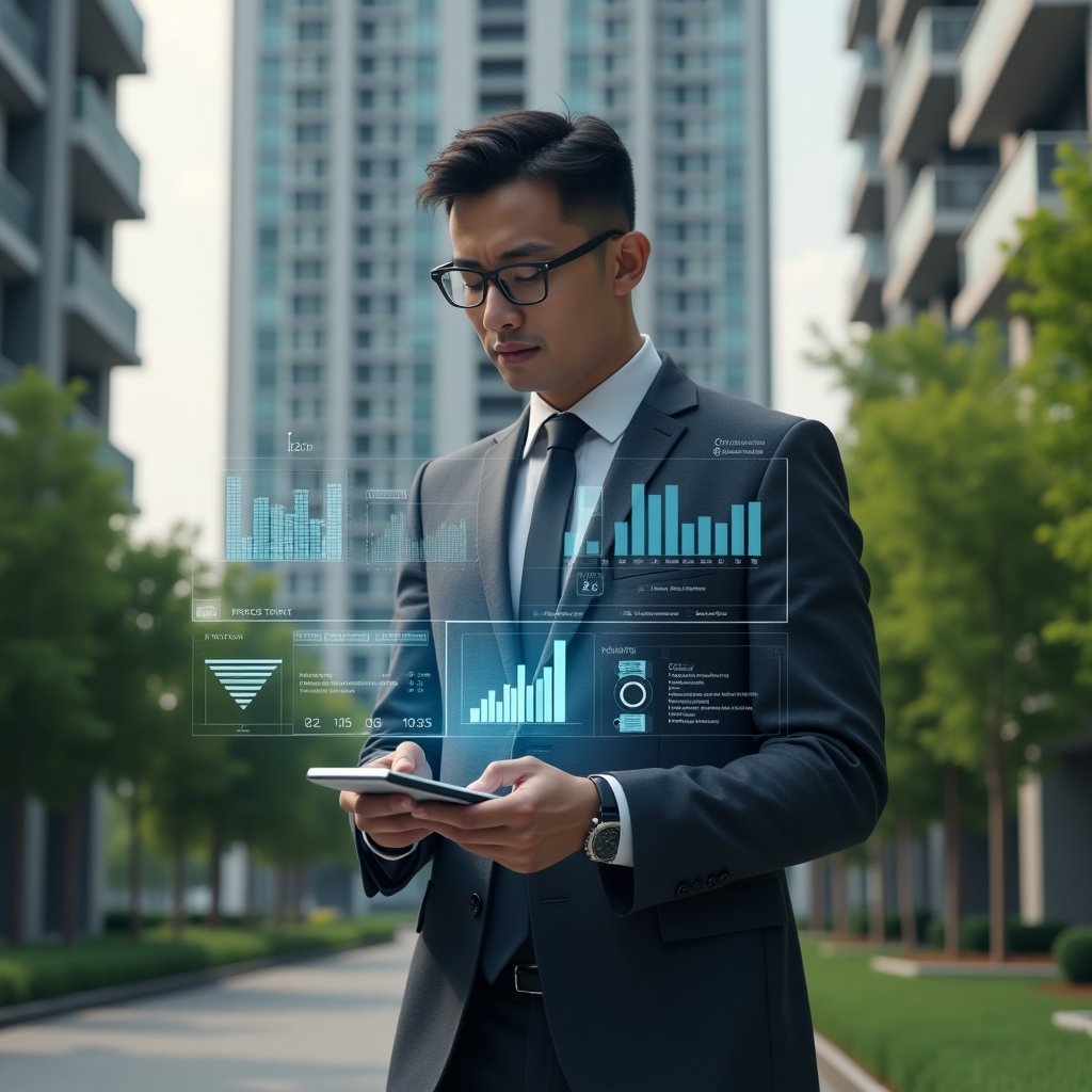 Ultra-realistic condominium manager in a charcoal gray suit, set in a modern luxury condominium environment with high-rise buildings and lush green landscaping, standing confidently and examining a digital tablet with floating holographic graphs of IoT sensor data, AI analytics charts, and mobile app dashboards around them, cinematic lighting, shallow depth of field, highly detailed textures, realistic skin, photographic realism, 8k resolution --ar 1:1 --v 6