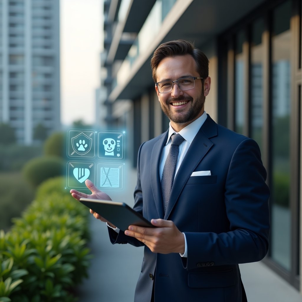 (Ultra-realistic condominium property manager in a tailored navy blue suit, set in a modern luxury condominium environment with high-rise buildings and lush green landscaping, confidently holding a tablet displaying holographic pet regulation icons—paw prints and a rulebook—analyzing compliance rules, cinematic lighting, shallow depth of field, highly detailed textures, realistic skin, photographic realism, 8k resolution --ar 1:1 --v 6)