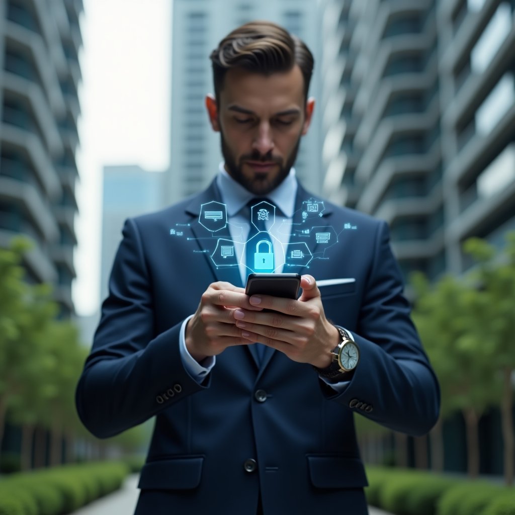 Ultra-realistic condo manager in a tailored navy blue suit, set in a modern luxury condominium environment with high-rise buildings and lush green landscaping, close-up shot with the manager holding a smartphone projecting holographic icons for messaging, financial charts and security lock, confident and focused expression, cinematic lighting, shallow depth of field, highly detailed textures, realistic skin, photographic realism, 8k resolution --ar 1:1 --v 6