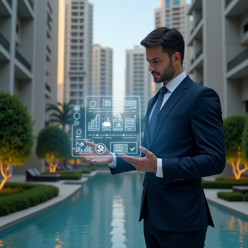 (Ultra-realistic condominium manager in a sleek navy suit, set in a modern luxury condominium environment with high-rise buildings and manicured green landscaping, medium shot of the manager confidently interacting with a glowing holographic interface displaying financial charts, messaging icons, and a booking calendar, cinematic lighting, shallow depth of field, highly detailed textures, realistic skin, photographic realism, 8k resolution --ar 1:1 --v 6)