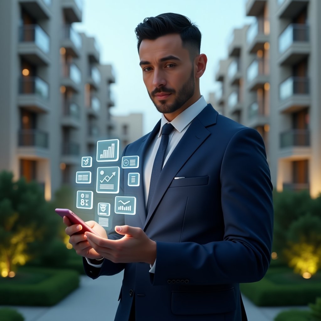 (Ultra-realistic condominium property manager in a navy suit, set in a modern luxury condominium environment with high-rise buildings and lush green landscaping, medium shot of the manager holding a glowing holographic smartphone interface displaying app icons for chat, calendar, financial graphs and task checklists, confident and focused expression, cinematic lighting, shallow depth of field, highly detailed textures, realistic skin, photographic realism, 8k resolution --ar 1:1 --v 6)