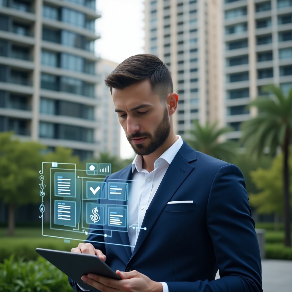 (Ultra-realistic condominium manager in a navy blue suit, set in a modern luxury condominium environment with high-rise buildings and lush green landscaping, holding a tablet and interacting with a holographic app interface displaying checkmarks, calendars and finance icons, confident and focused expression, holographic data overlays symbolizing streamlined condominium management, cinematic lighting, shallow depth of field, highly detailed textures, realistic skin, photographic realism, 8k resolution --ar 1:1 --v 6)