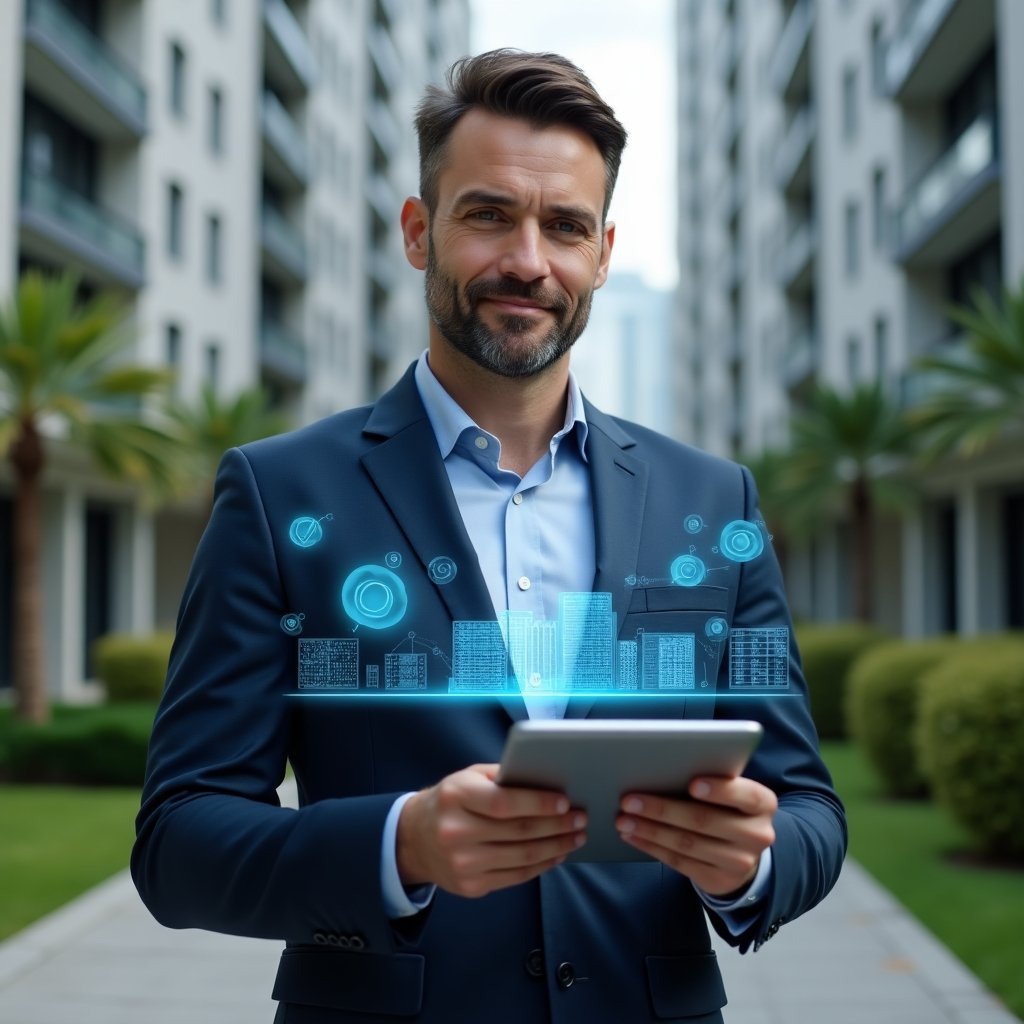 (Ultra-realistic professional property manager in a dark blue tailored suit, set in a modern luxury condominium environment with high-rise buildings and manicured green landscaping, medium close-up holding a tablet projecting a holographic condominium management dashboard with graphs and building icons symbolizing the app, confident and focused expression, cinematic lighting, shallow depth of field, highly detailed textures, realistic skin, photographic realism, 8k resolution --ar 1:1 --v 6)