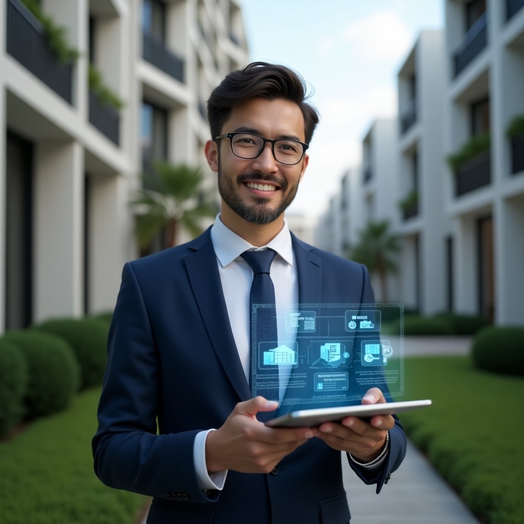 (Ultra-realistic condominium manager in a tailored navy suit, set in a modern luxury condominium environment with high-rise buildings and manicured green landscaping, holding a tablet displaying a floating holographic condominium management app interface, confidently smiling and tapping on digital icons for tasks, communication and scheduling, cinematic lighting, shallow depth of field, highly detailed textures, realistic skin, photographic realism, 8k resolution --ar 1:1 --v 6)