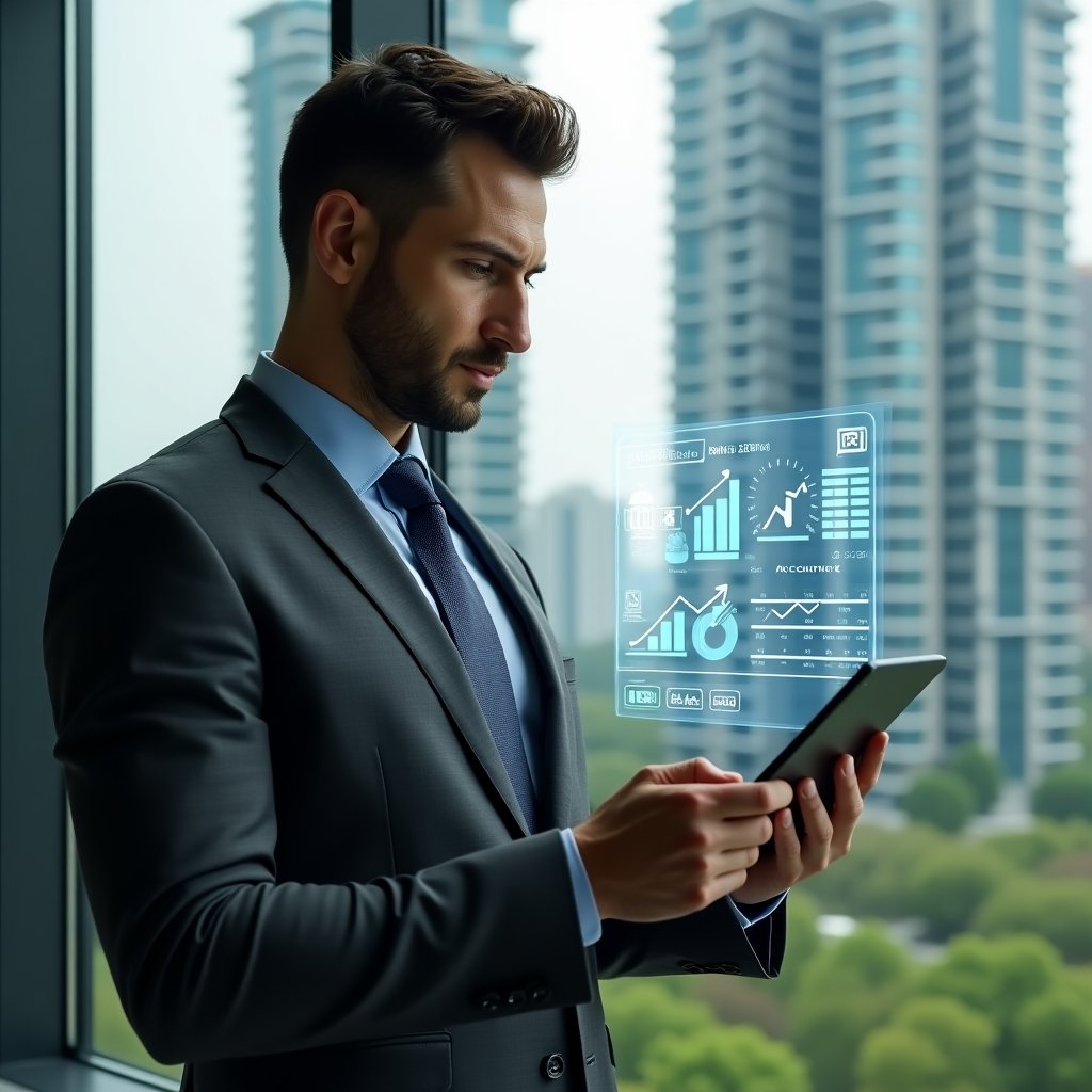 Ultra-realistic condominium manager in a charcoal gray tailored suit, set in a modern luxury condominium environment with high-rise glass towers and manicured green landscaping visible through floor-to-ceiling windows, holding a sleek tablet and intently viewing a holographic dashboard of financial charts and calendar icons symbolizing transparent accounting and smart scheduling, confident expression, cinematic lighting, shallow depth of field, highly detailed textures, realistic skin, photographic realism, 8k resolution --ar 1:1 --v 6