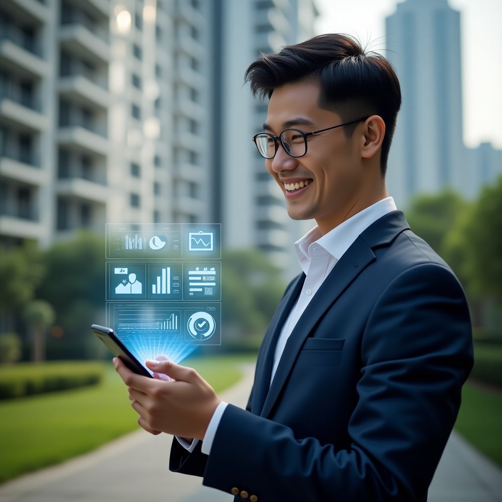 (Ultra-realistic condominium manager in a navy suit, set in a modern luxury condominium environment with high-rise buildings and green landscaping, holding a smartphone projecting a holographic app interface with icons of communication, finance charts, and reservation calendar, smiling confidently and analyzing data, cinematic lighting, shallow depth of field, highly detailed textures, realistic skin, photographic realism, 8k resolution --ar 1:1 --v 6)
