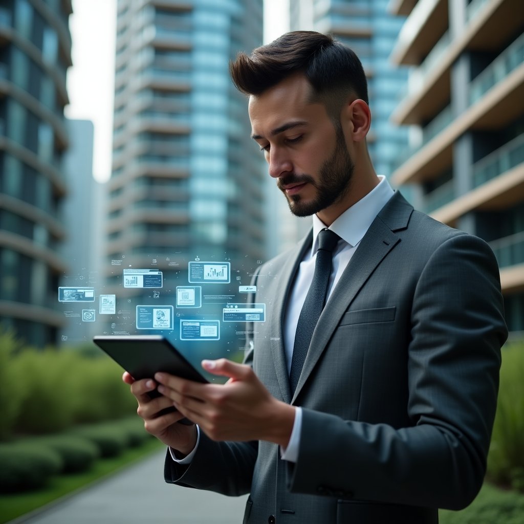 Ultra-realistic condominium manager in a charcoal gray tailored suit, set in a modern luxury condominium environment with high-rise glass buildings and meticulously maintained green landscaping, medium close-up shot of the manager holding a tablet and swiping through a digital dashboard, surrounded by holographic icons representing chat messages, financial charts and calendar alerts, confident and focused expression, cinematic lighting, shallow depth of field, highly detailed textures, realistic skin, photographic realism, 8k resolution --ar 1:1 --v 6