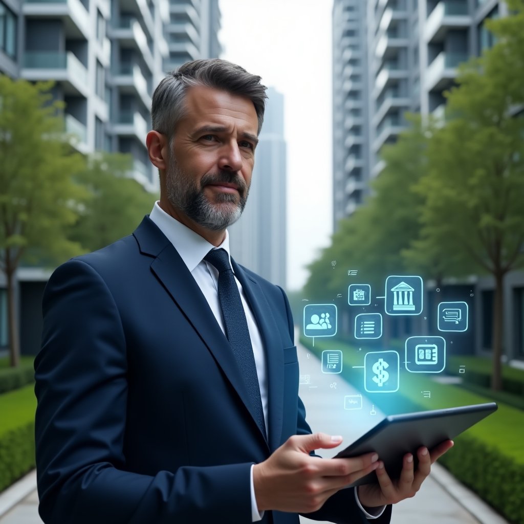 (Ultra-realistic condominium manager in a tailored navy suit, set in a modern luxury condominium environment with high-rise buildings and manicured green landscaping, interacting with a holographic condominium management app interface projected above a transparent tablet, showcasing icons for tasks, communication, and financial charts, confident and visionary expression, cinematic lighting, shallow depth of field, highly detailed textures, realistic skin, photographic realism, 8k resolution --ar 1:1 --v 6)