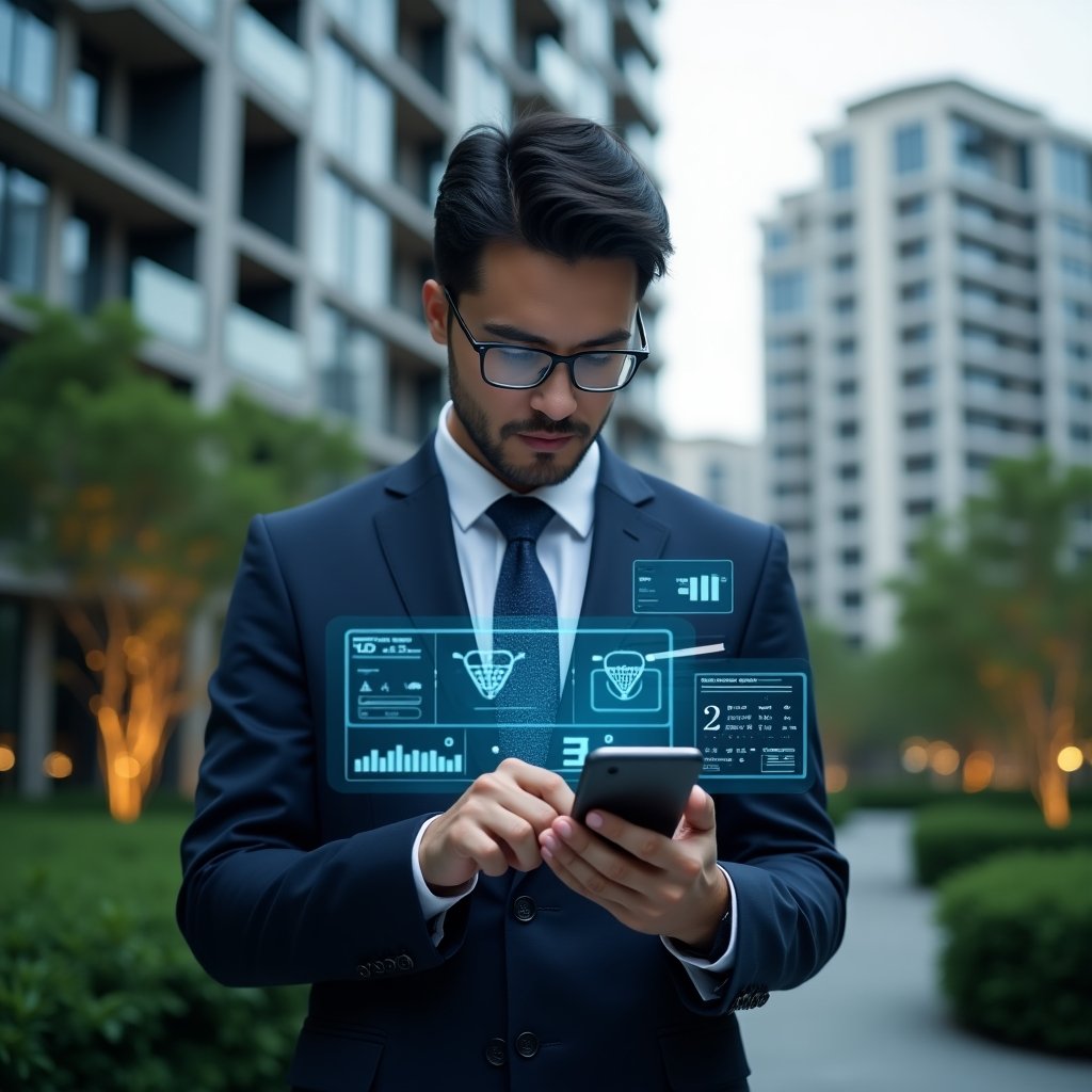 (Ultra-realistic condominium manager in a dark blue tailored suit, set in a modern luxury condominium environment with high-rise buildings and lush green landscaping, holding a smartphone displaying a holographic condominium management interface with charts and notifications, examining data with a confident focused expression, futuristic holographic icons floating around, cinematic lighting, shallow depth of field, highly detailed textures, realistic skin, photographic realism, 8k resolution --ar 1:1 --v 6)