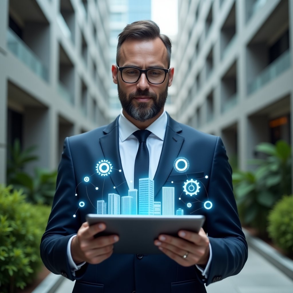 (Ultra-realistic condominium manager in a navy blue executive suit, set in a modern luxury condominium environment with high-rise buildings and lush green landscaping, holding a tablet projecting a holographic condominium management dashboard, confident and focused expression, holographic icons of buildings, charts and gears floating around, cinematic lighting, shallow depth of field, highly detailed textures, realistic skin, photographic realism, 8k resolution --ar 1:1 --v 6)