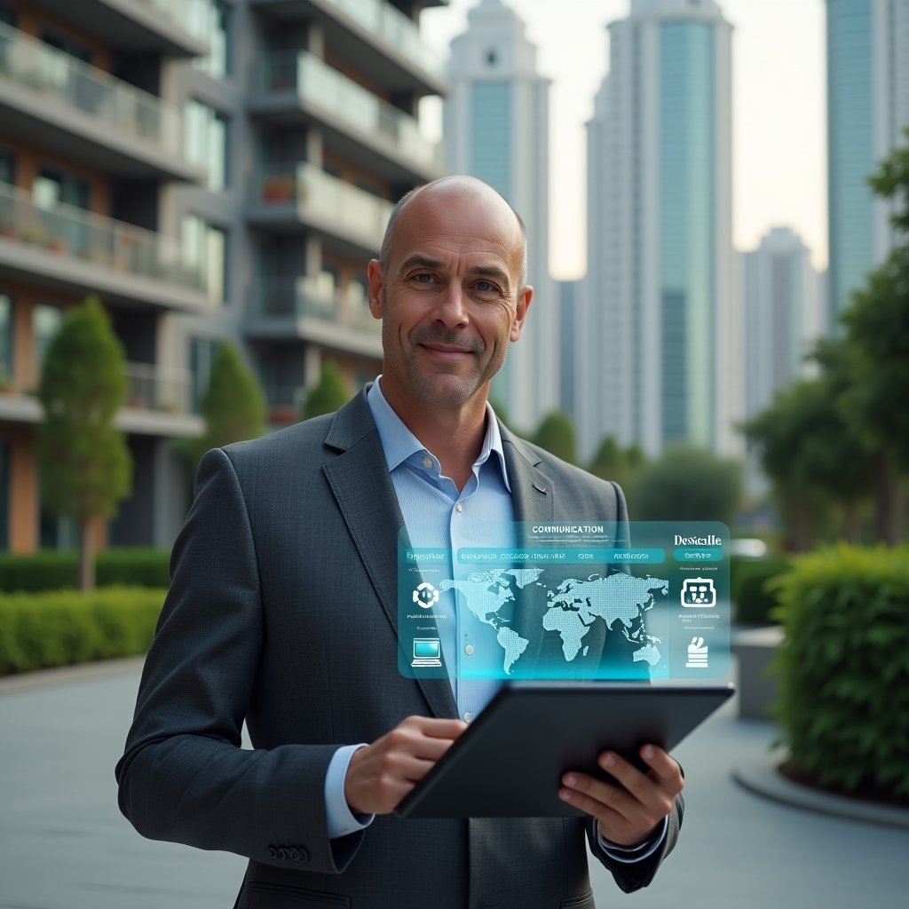 Ultra-realistic property manager in a charcoal gray suit, set in a modern luxury condominium environment with high-rise buildings and lush green landscaping, holding a tablet displaying a holographic dashboard of condominium communication, finance and reservation icons, confident and focused expression, cinematic lighting, shallow depth of field, highly detailed textures, realistic skin, photographic realism, 8k resolution --ar 1:1 --v 6