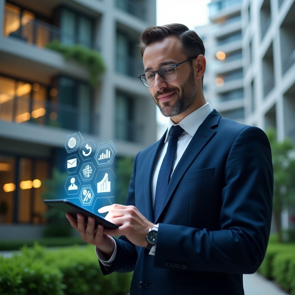 (Ultra-realistic condominium manager in a navy blue tailored suit, set in a modern luxury condominium environment with high-rise residential towers and lush green landscaping, holding a digital tablet displaying holographic icons of financial charts, reservation calendars and communication tools, confidently tapping the futuristic app interface that floats mid-air, cinematic lighting, shallow depth of field, highly detailed textures, realistic skin, photographic realism, 8k resolution --ar 1:1 --v 6)