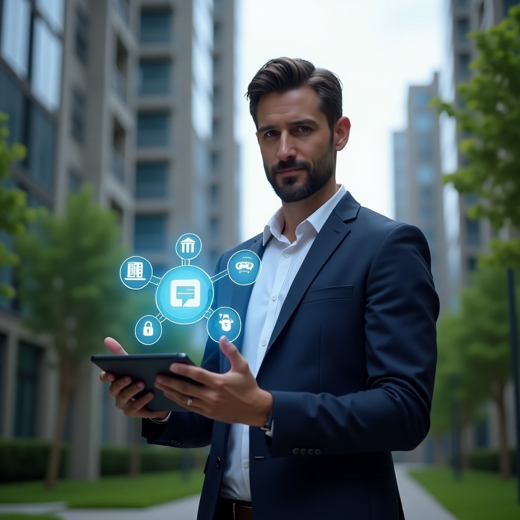 Ultra-realistic condominium manager in a sleek navy suit, set in a modern luxury condominium environment with high-rise buildings and manicured green spaces, mid-shot of a confident property manager holding a tablet displaying holographic condominium management interface with financial charts, communication bubbles, and security padlock icons floating around, cinematic lighting, shallow depth of field, highly detailed textures, realistic skin, photographic realism, 8k resolution --ar 1:1 --v 6