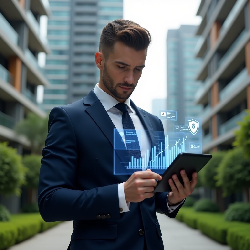 Ultra-realistic condominium manager in a tailored navy blue suit, set in a modern luxury condominium environment with high-rise buildings and manicured green landscaping, examining a tablet with holographic financial charts, chat bubbles and a shield icon symbolizing security, confident expression, cinematic lighting, shallow depth of field, highly detailed textures, realistic skin, photographic realism, 8k resolution --ar 1:1 --v 6