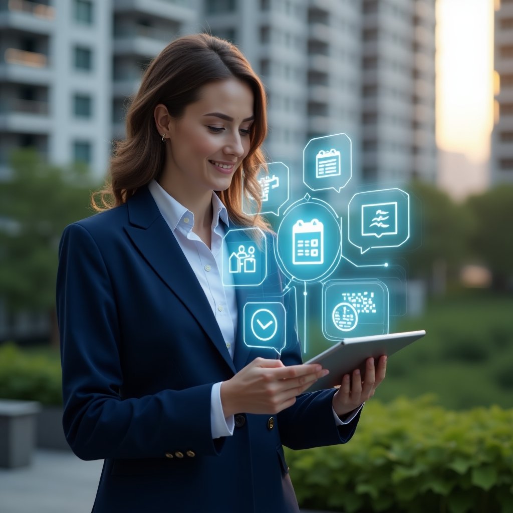 (Ultra-realistic condominium manager in a navy blue tailored suit, set in a modern luxury condominium environment with high-rise buildings and lush green landscaping, confidently holding a tablet projecting holographic management icons—calendar, chat bubbles, checklists—cinematic lighting, shallow depth of field, highly detailed textures, realistic skin, photographic realism, 8k resolution --ar 1:1 --v 6)