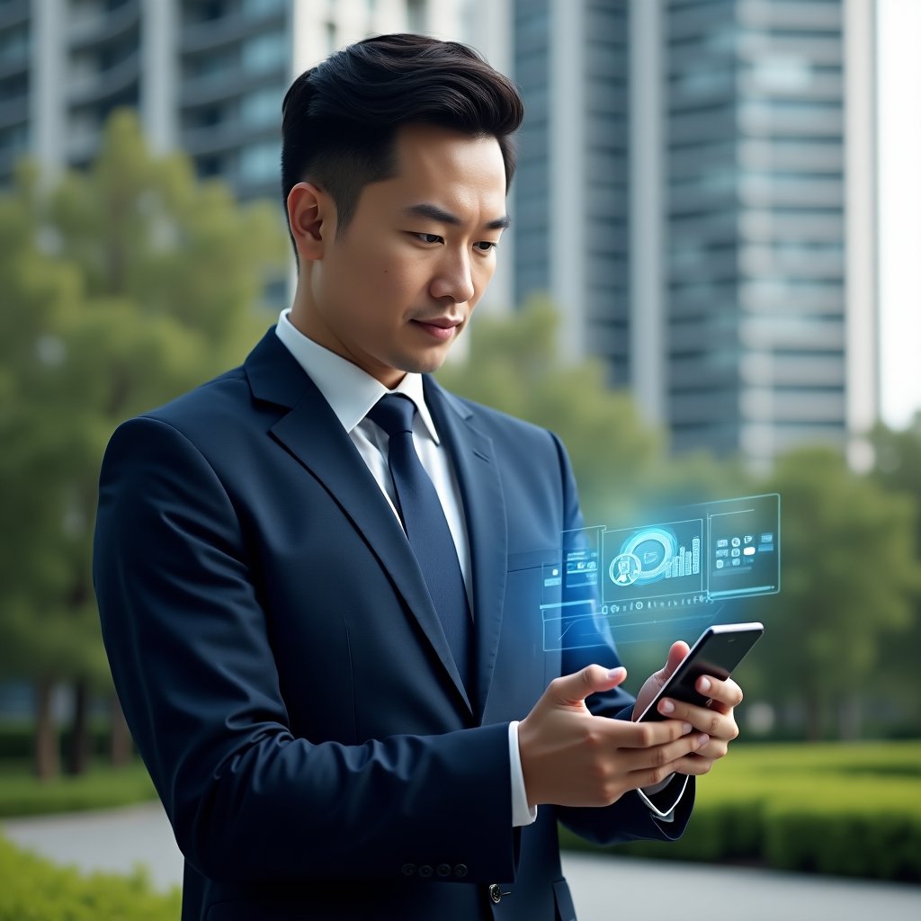 Ultra-realistic condominium manager in a navy blue executive suit, set in a modern luxury condominium environment with high-rise buildings and lush green landscaping, holding a smartphone displaying a holographic condo management app interface with charts and message icons, confident and focused expression, cinematic lighting, shallow depth of field, highly detailed textures, realistic skin, photographic realism, 8k resolution --ar 1:1 --v 6