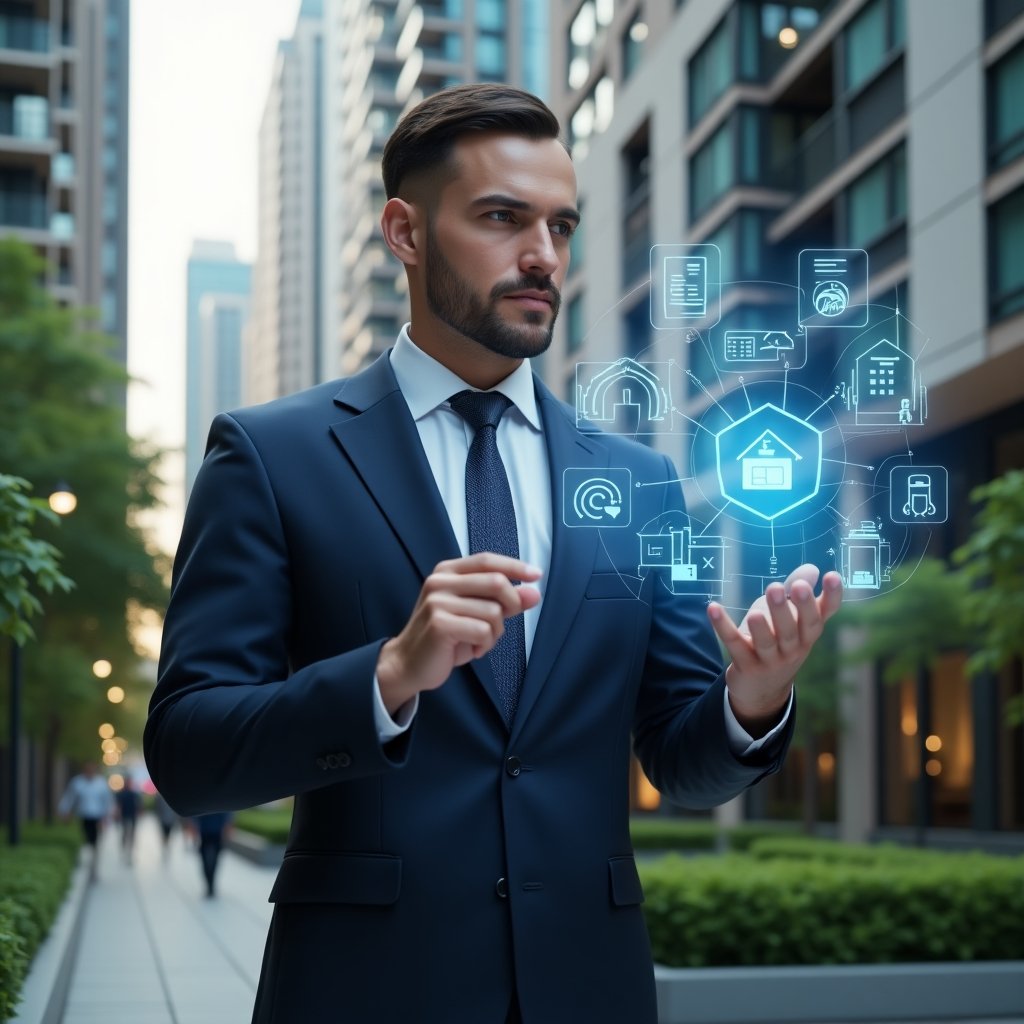 Ultra-realistic condominium manager in a sleek navy business suit, set in a modern luxury condominium environment with high-rise glass towers and manicured greenery, confidently interacting with a floating holographic interface displaying task lists, chat icons, and financial charts, cinematic lighting, shallow depth of field, highly detailed textures, realistic skin, photographic realism, 8k resolution --ar 1:1 --v 6