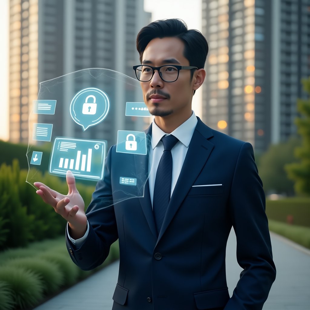 Ultra-realistic condominium manager in a navy blue tailored suit, set in a modern luxury condominium environment with high-rise buildings and lush green landscaping, interacting with a floating holographic interface showcasing communication chat bubbles, a security padlock icon, and financial bar charts, confident and focused expression, cinematic lighting, shallow depth of field, highly detailed textures, realistic skin, photographic realism, 8k resolution --ar 1:1 --v 6