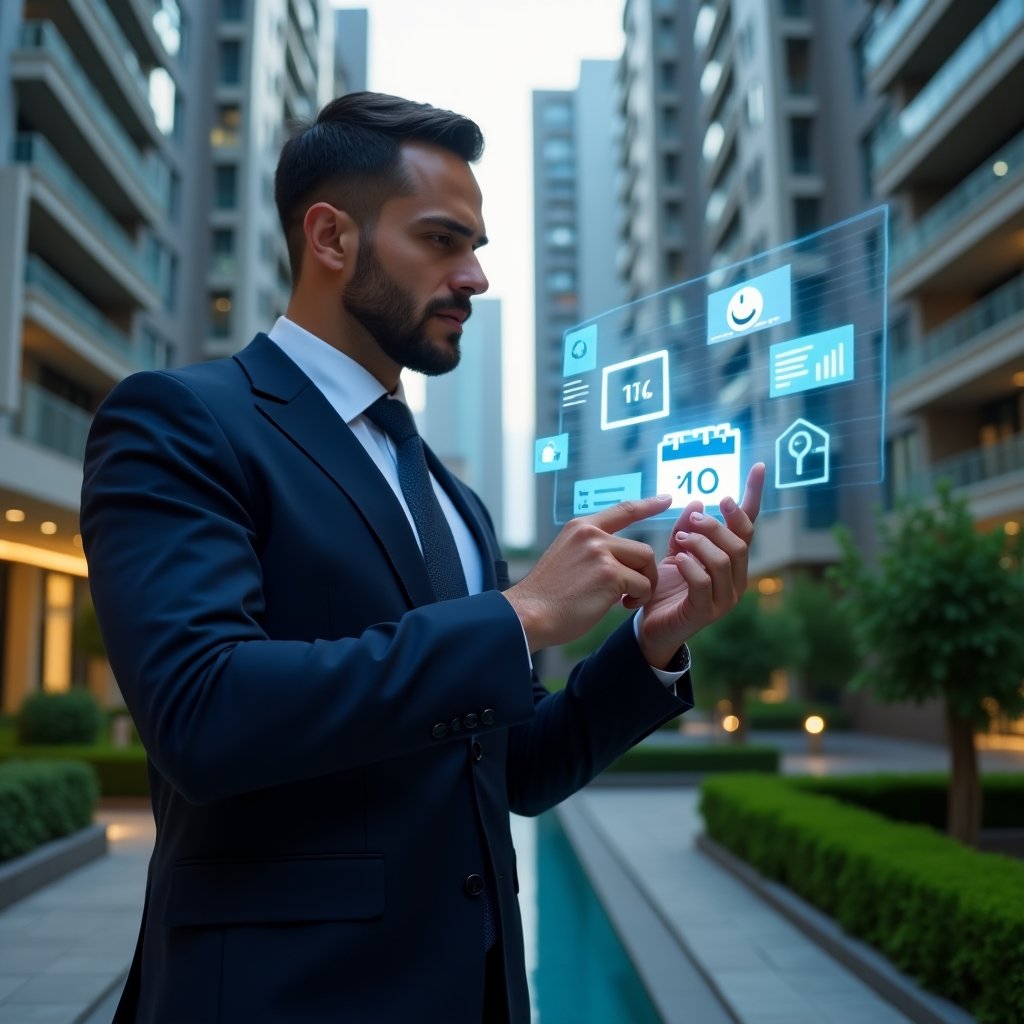 (Ultra-realistic condominium manager in a sharp navy suit, medium shot in a modern luxury condominium environment with high-rise buildings and manicured green landscaping, confidently tapping on a glowing holographic interface displaying a calendar reservation icon, a predictive maintenance analytics graph and a chat bubble symbol, cinematic lighting, shallow depth of field, highly detailed textures, realistic skin, photographic realism, 8k resolution --ar 1:1 --v 6)