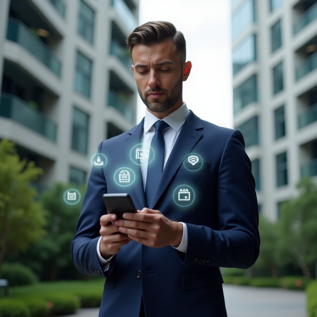 (Ultra-realistic condominium manager in a navy blue tailored suit, set in a modern luxury condominium environment with high-rise buildings and lush green landscaping, medium shot of the manager holding a smartphone with floating holographic app icons—chat bubbles, reservation calendar and notification symbols—looking confident and engaged, cinematic lighting, shallow depth of field, highly detailed textures, realistic skin, photographic realism, 8k resolution --ar 1:1 --v 6)