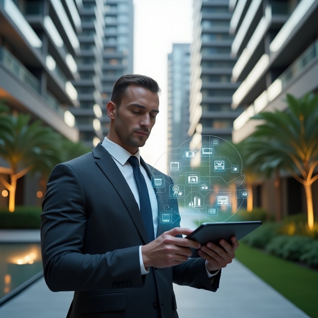 Ultra-realistic condo manager in a charcoal-gray tailored suit, set in a modern luxury condominium environment with sleek high-rise buildings and manicured green landscaping, holding a digital tablet displaying floating holographic app comparison charts and icons for finance, reservations, communication and security, confident and focused expression, cinematic lighting, shallow depth of field, highly detailed textures, realistic skin, photographic realism, 8k resolution --ar 1:1 --v 6