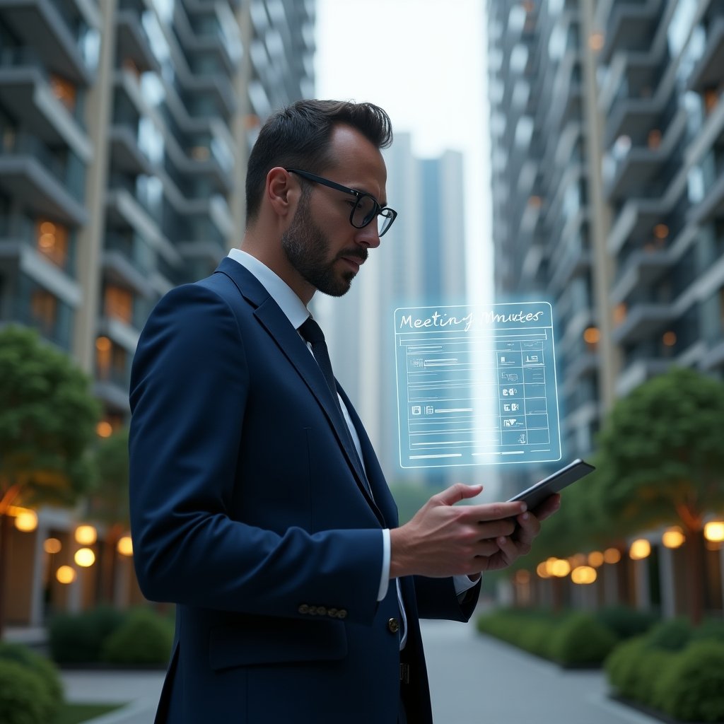 (Ultra-realistic condominium manager in a tailored navy-blue suit, set in a modern luxury condominium environment with high-rise buildings and lush green landscaping, holding a digital tablet and reviewing holographic meeting minutes, floating holographic document with check marks and organized list icons, cinematic lighting, shallow depth of field, highly detailed textures, realistic skin, photographic realism, 8k resolution --ar 1:1 --v 6)