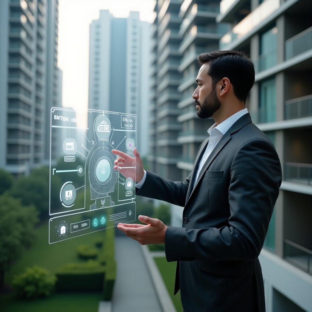 (Ultra-realistic condominium manager in a charcoal gray executive suit, set in a modern luxury condominium environment with high-rise buildings and green landscaping, confidently interacting with a floating holographic control panel illustrating smart building automation, subtle icons of sensors and energy metrics surrounding them, cinematic lighting, shallow depth of field, highly detailed textures, realistic skin, photographic realism, 8k resolution --ar 1:1 --v 6)