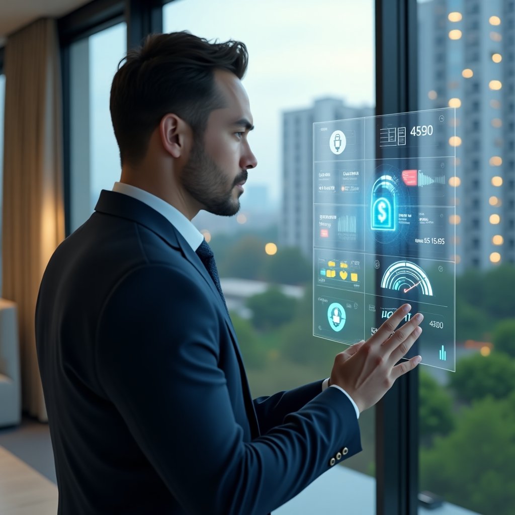 Ultra-realistic condominium manager in a navy blue tailored suit, set in a modern luxury condominium environment with high-rise buildings and lush green landscaping, confidently gesturing towards a holographic interface displaying building automation controls and energy usage gauges, holographic security lock icons hovering in the scene, cinematic lighting, shallow depth of field, highly detailed textures, realistic skin, photographic realism, 8k resolution --ar 1:1 --v 6