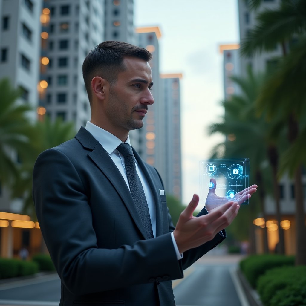 Ultra-realistic condominium property manager in a dark gray tailored suit, set in a modern luxury condominium environment with high-rise towers and manicured green landscaping, medium shot, interacting with a holographic smart building interface displaying glowing icons for energy efficiency, security cameras, and automated sensors, visionary and confident expression, cinematic lighting, shallow depth of field, highly detailed textures, realistic skin, photographic realism, 8k resolution --ar 1:1 --v 6