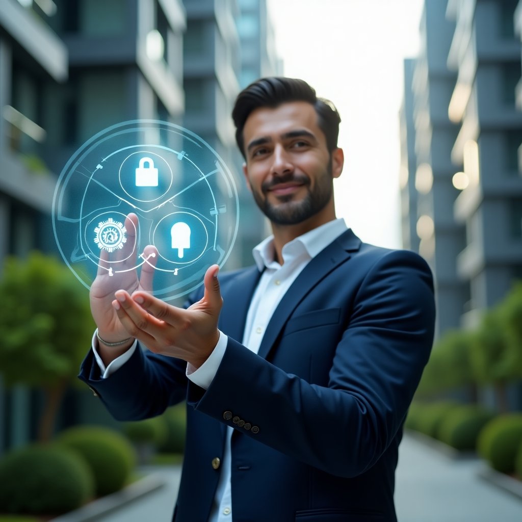 (Ultra-realistic condominium manager in a navy tailored suit and crisp white shirt, set in a modern luxury condominium environment with high-rise buildings and lush green landscaping, confidently interacting with a floating holographic interface displaying lighting, security and climate control icons, symbolizing building automation efficiency and cost reduction, cinematic lighting, shallow depth of field, highly detailed textures, realistic skin, photographic realism, 8k resolution --ar 1:1 --v 6)