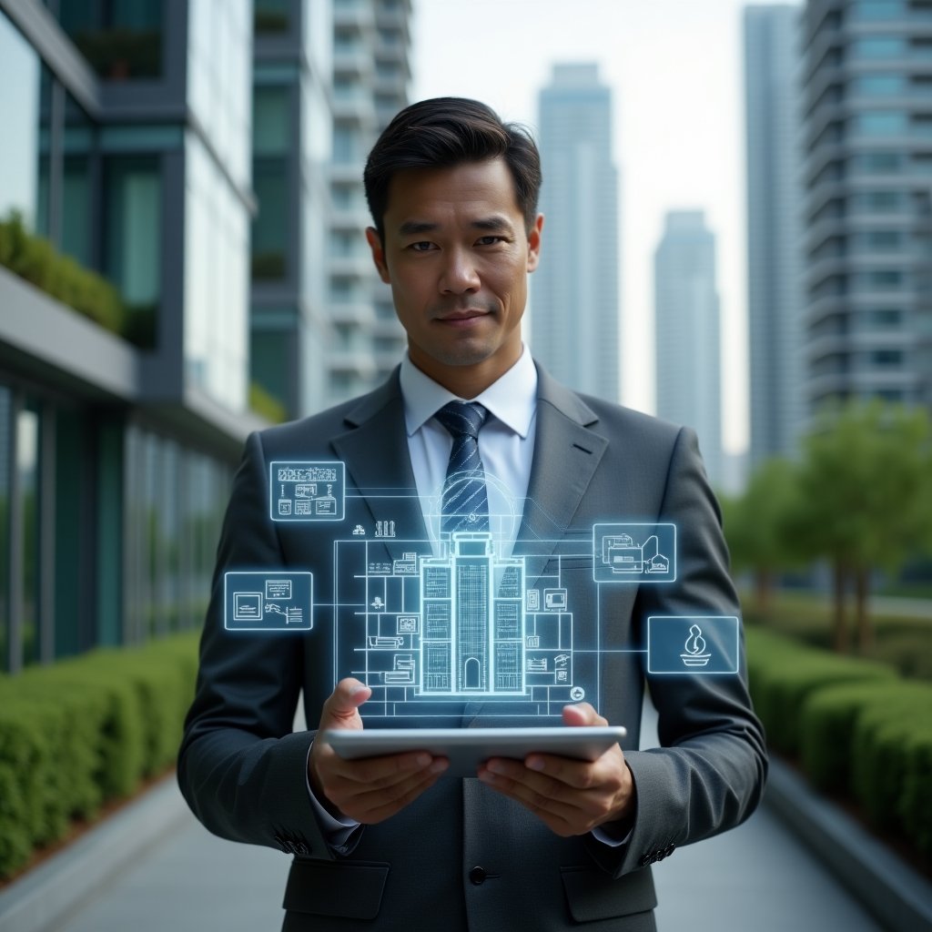 Ultra-realistic condominium manager in a charcoal grey suit and crisp white shirt, set in a modern luxury condominium environment with high-rise glass buildings and lush green landscaping, medium shot of the manager holding a digital tablet projecting holographic building schematics and automated system controls, holographic icons for security cameras and energy usage graphs, confident and forward-thinking expression, cinematic lighting, shallow depth of field, highly detailed textures, realistic skin, photographic realism, 8k resolution --ar 1:1 --v 6